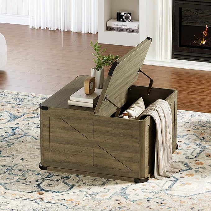 HOPUBUY Farmhouse Coffee Table with Hidden Storage - Rustic Wood Center Table for Living Room, Metal Corner Reinforcement, Square Design with Flip-Top Compartment, Brown