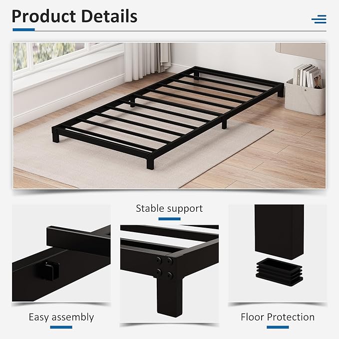 5 Inch Low Twin Bed Frames Heavy Duty Metal Platform, No Box Spring Needed, Easy Assembly Mattress Foundation, No Noise, Black