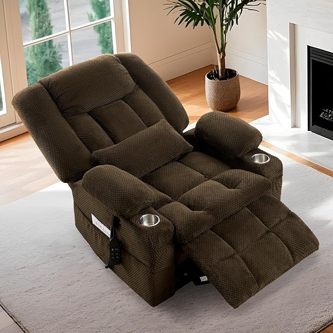 Large Dual Motor Power Lift Recliner Chair with Massage and Heat for Big Elderly People,USB & Type C Ports,Oversized Electric Lay Flat Recliners,Infinite Position,Side Pockets,Cup Holders(Brown)