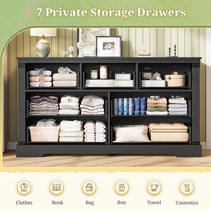 Hasuit Black Dresser for Bedroom, Wooden 55.1" Long Dressers Chest of Drawer, Farmhouse 7 Drawer Dresser with Thick Styling, Large Capacity Storage Cabinet Organizer, Wide Dressers for Bedroom Hallway