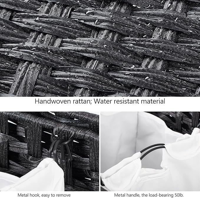 Laundry Hamper with 3 Removable Liner Bags; 132L Handwoven Rattan Laundry Basket with Lid & Heightened Feet; Clothes Hamper with Side Handles; Laundry Sorter with 3 Separate Sections (Black)