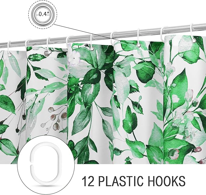 Gibelle Emerald Green Eucalyptus Shower Curtain, Watercolor Plant Leaves with Floral Bathroom Shower Curtain Set with Hooks, 72x72