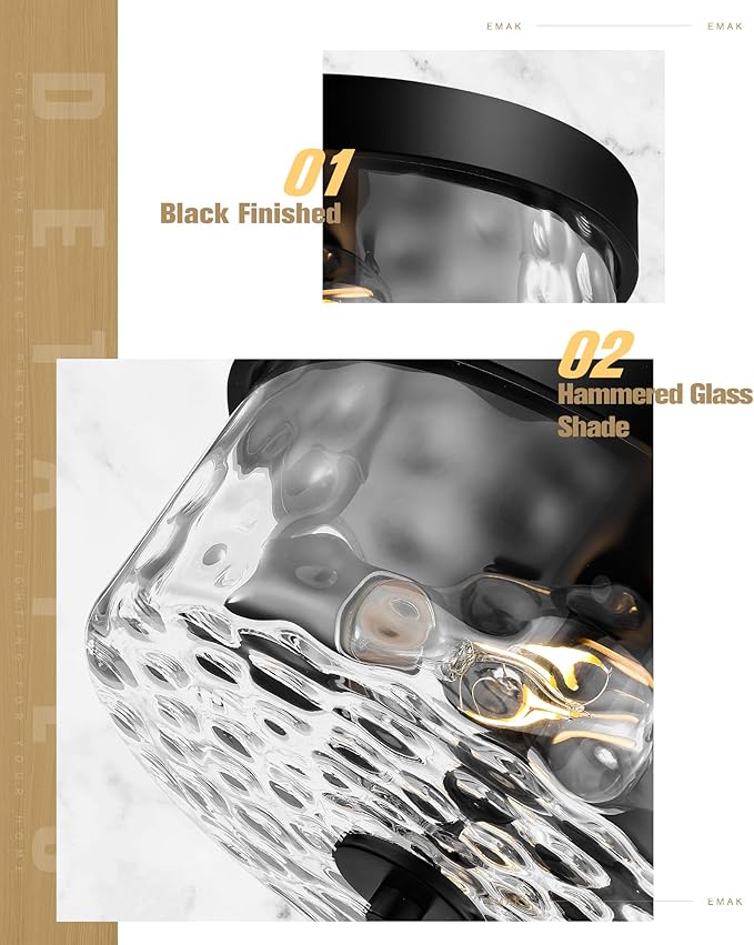 Emak 11 Inch Flush Mount Ceiling Light Fixture, Modern Black Light Fixtures Ceiling Mount with Hammered Glass Shade, 2-Light Drum Ceiling Lights for Bedroom, Bathroom, Hallway, Kitchen, FM082-BK-HG