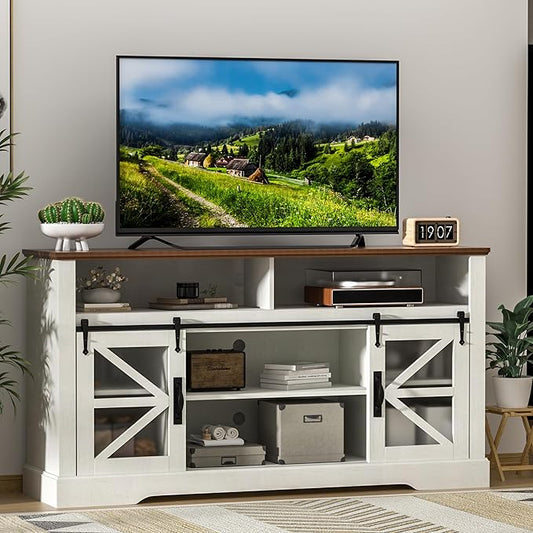 Farmhouse TV Stand,60-Inch TV Entertainment Center with Storage,Sliding Barn Doors and Adjustable Shelves,Suitable for TVs 24-70 Inches,for Living Room,Bedroom and Office