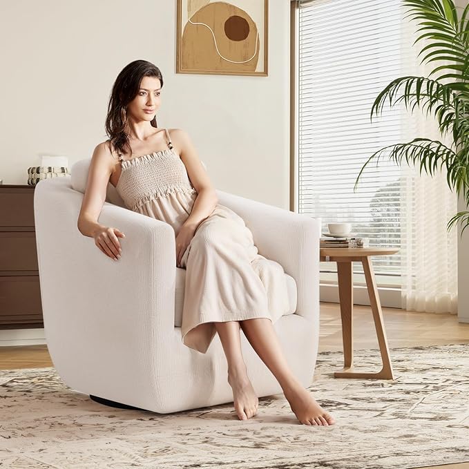 COLAMY 360° Swivel Accent Chair with Pillow, Living Room Armchair No-Sag Foam & Sturdy Metal Base, Fully Assembled Swivel Accent Single Sofa for Bedroom Living Room, Reading Room, Beige