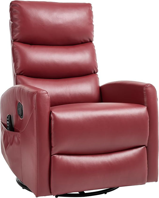 PELUMY Massage Recliner Chair with Heat - Manual Rocker Swivel Recliner, 360° Rotation & 155° Recline for Living Room（Breathable Leather, Red）