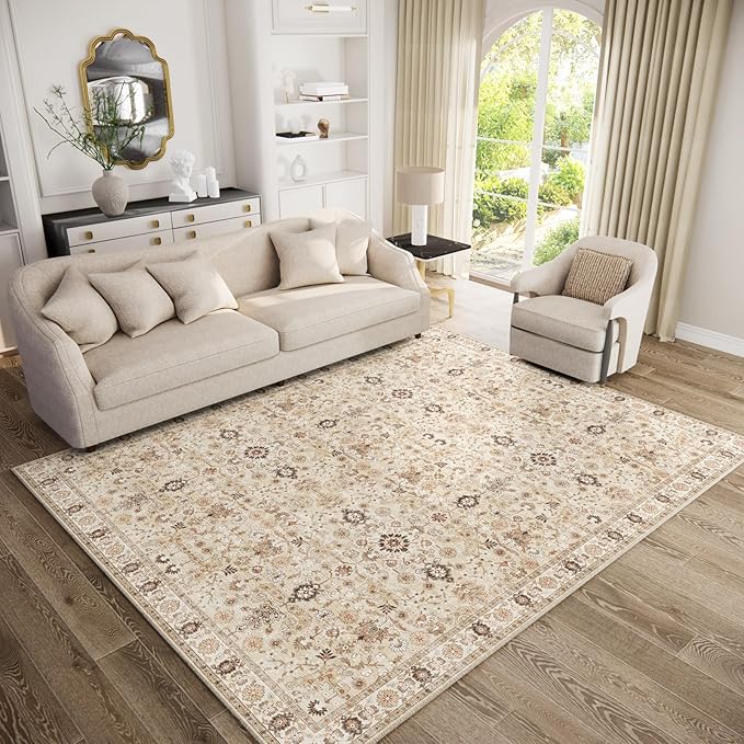 8x10 Washable Area Rugs Ultral Soft Non-Slip Stain Resistant Vintage Boho Large Carpet for High-Traffic Living Room & Dining Room