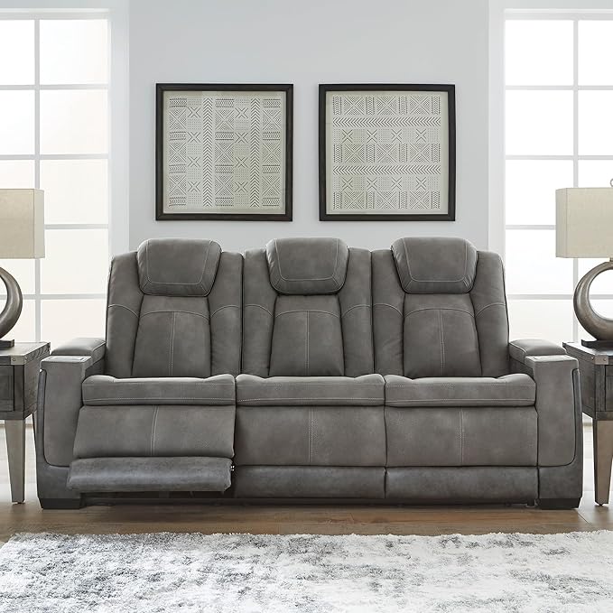 Signature Design by Ashley Next-Gen DuraPella Modern Faux Leather Power Reclining Sofa with Adjustable Headrest, Gray