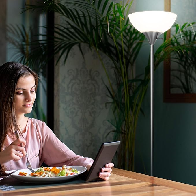 Brightech Sky Dome Dimmable LED Floor Lamp, Torchiere Floor Lamp for Living Rooms & Offices – Tall Standing Lamp for Reading & Hobbies – Platinum Silver