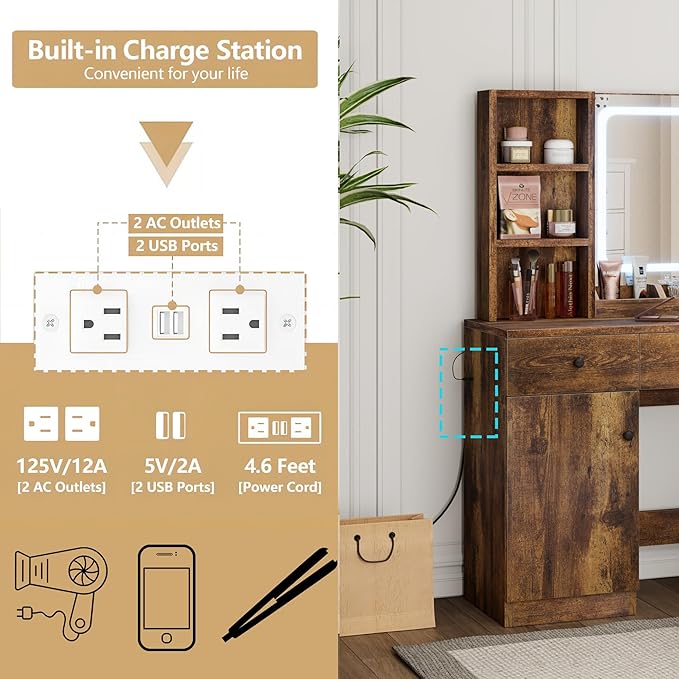 GarveeHome Makeup Vanity Desk with Mirror and Lights, Vanity Table Set with Drawer & Power Outlet ＆ Chair & 3 Shelves, Bedroom, Brown