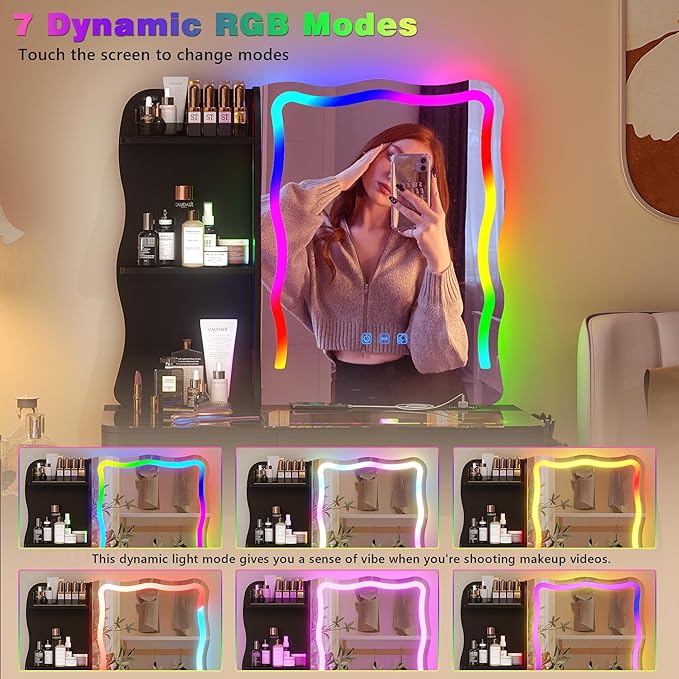 RGB Makeup Vanity Desk with Wireless Charging Station,7 Dynamic and 7 Static Dimmable Vanity Table with Glass Desktop,Vanity Mirror with Lights Desk and Chair,8 Drawers,Stool