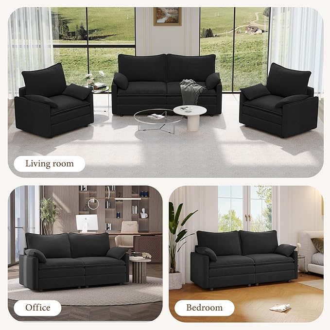 Vesgantti 74" Loveseat Sofa for Living Room, Comfy Cloud Couch Deep Seat Chenille Modern 2 Seater Small Sofa with Armrest Pillow, Easy Assembly for Small Spaces, Black