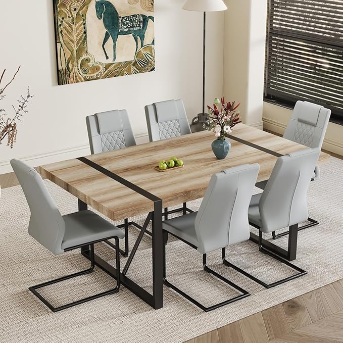 Dining Table Set for 6，Dinner Table Set for 6，71'' Kitchen Table and PU Leather Chairs Set of 6，6 Chair Dining Table Set for Kitchen Dining Room