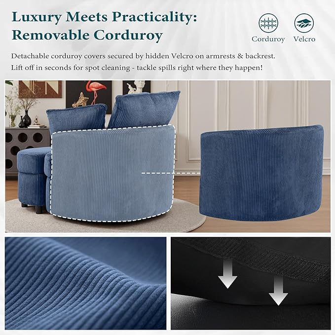 Swivel Accent Chair with Ottoman Comfy Reading Chairs for Bedroom Modern Corduroy Arm Chair 360°Swivel Barrel Chairs for Living Room,Apartment (Blue, 1)