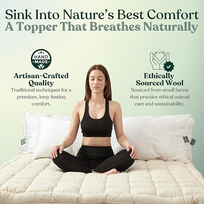 Organic Merino Wool Mattress Topper - Luxury Pillow Top Mattress Pad, Handmade, Non-Toxic, Cooling & Hypoallergenic, Natural Back Pain Relief, Sustainable Bedding (King)