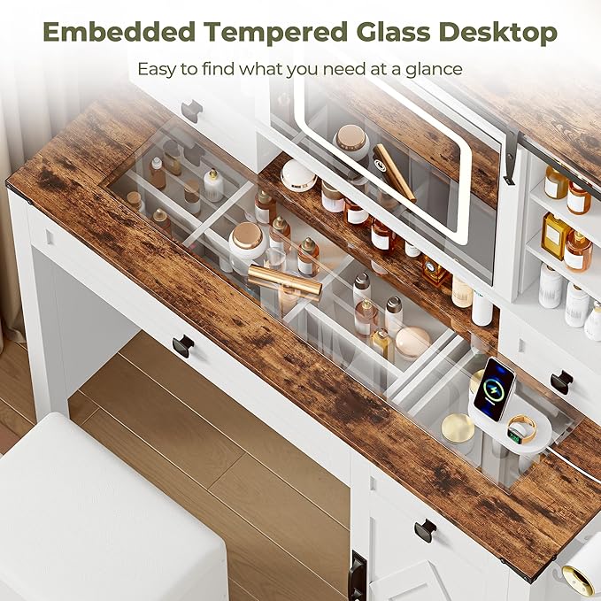 IRONCK Farmhouse Vanity Desk with Sliding Mirror & Lights, Glass Top Makeup Vanity Table with Power Outlet, 3 Color Lighting Modes, 4 Drawers & Storage Cabinet, Includes Cushioned Stool for Bedroom