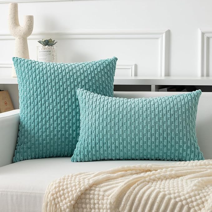 Kevin Textile Throw Pillow Covers Soft Corduroy Decorative Set of 2 Boho Striped Pillow Covers Pillowcases Farmhouse Home Decor for Couch Bed Sofa Living Room 12x20 Inch Aqua Green