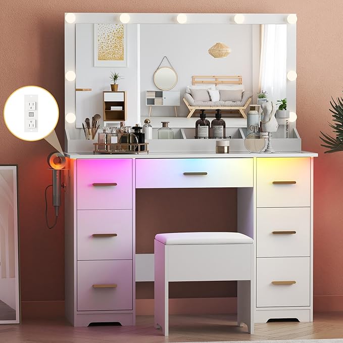 Makeup Vanity Desk with Large Lighted Mirror and Lights, Glass Top Vanity Table Set with 7 Drawers, Power Outlet & Storage Stool, Dressing Table with RGB Ambient Light for Women Girls Bedroom, White