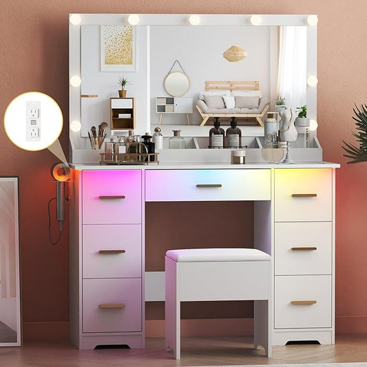 Makeup Vanity Desk with Large Lighted Mirror and Lights, Glass Top Vanity Table Set with 7 Drawers, Power Outlet & Storage Stool, Dressing Table with RGB Ambient Light for Women Girls Bedroom, White