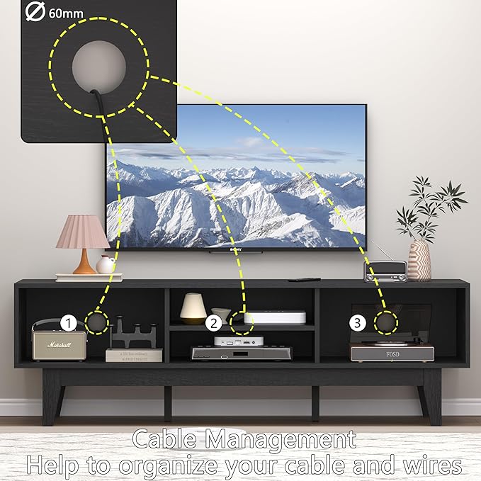 TV Stand for 55/60/65 Inch TV, Farmhouse Entertainment Center with Shelves, Cabinets and Sliding Doors, Rustic TV Media Console Table with Solid Wood Feet & Cord Holes for Living Room, Bedroom, Black