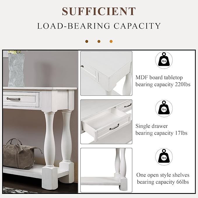 63inch Solid Wood Console Table with 3 Drawers and 1 Bottom Shelf Extra-Thick Sofa Table(Antique White)