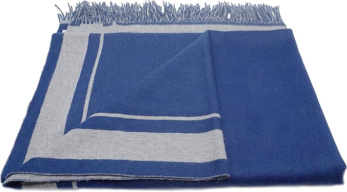 State Cashmere Reversible Throw Blanket with Fringes - Ultra Soft Accent Blanket for Couch, Sofa & Bed - Made with Merino Wool & Cashmere Sourced from Inner Mongolia - (Navy/Heather Grey, 70"x50")