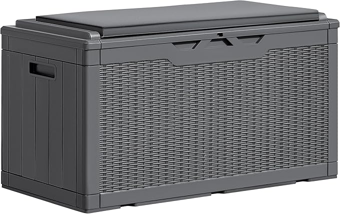 Greesum 100 Gallon Resin Deck Box Large Outdoor Storage Boxes with Cushions for Garden Tools, Patio Furniture Pillows, Pool Supplies, Gray