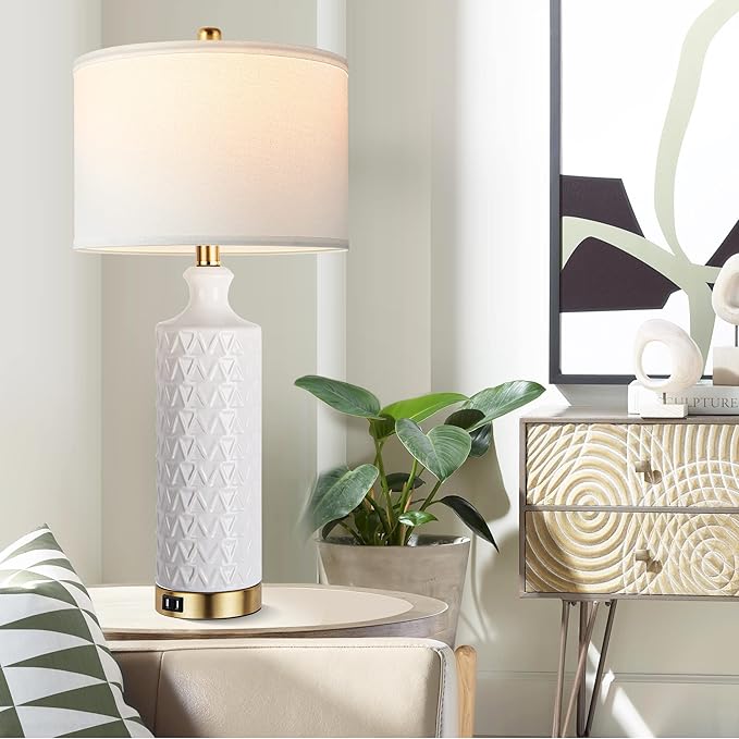 Touch Control Table Lamp Set of 2, Modern Contemporary Ceramic Bedside Lamps with 2 USB Ports, 3-Way Dimmable Nightstand Lamp with White Fabric Shade for Living Room, Bedroom (LED Bulbs Included)