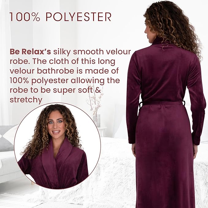 Be Relax Terry Velour Robe - Made of Polyester, Shawl Collar Robe with Belt & Side Pockets, Soft & Warm Bathrobe for Women