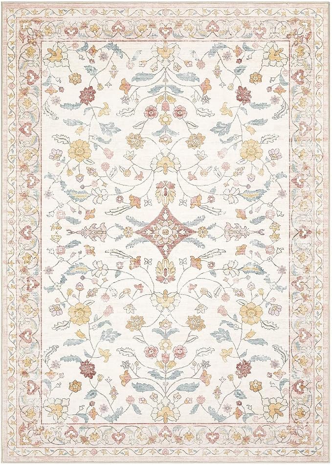 Nursery Rug 8x10 for Kids & Girls - Washable Vintage Large Floral Pink Area Rugs - Ultra Thin Stain Resistant Non Slip Carpets for Kids Playroom, Living Room, Bedroom, Dining Room, Office - Pink