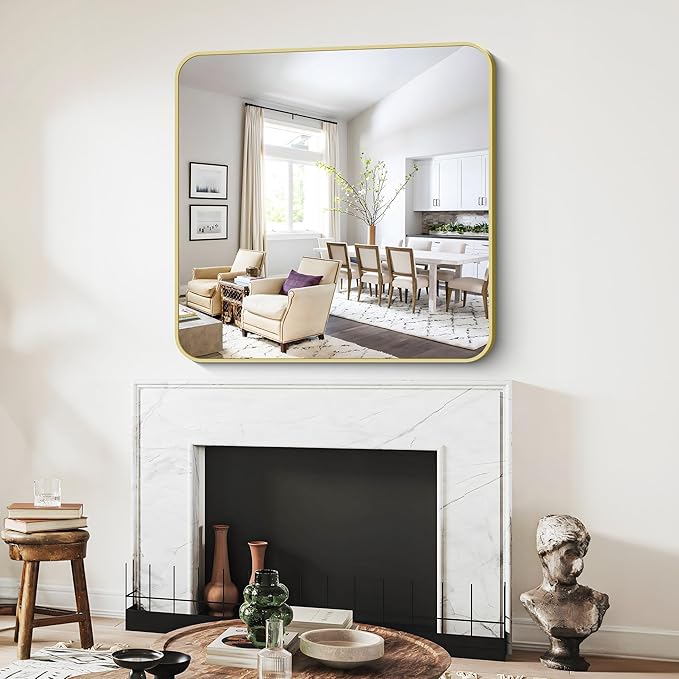 Gold Bathroom Mirror, 42x42 Inch Metal Framed Square Mirror, Rounded Corner Gold Vanity Mirror, Large Wall Mounted Mirrors for Living Room Bedroom Entryway Hangs Horizontal or Vertical