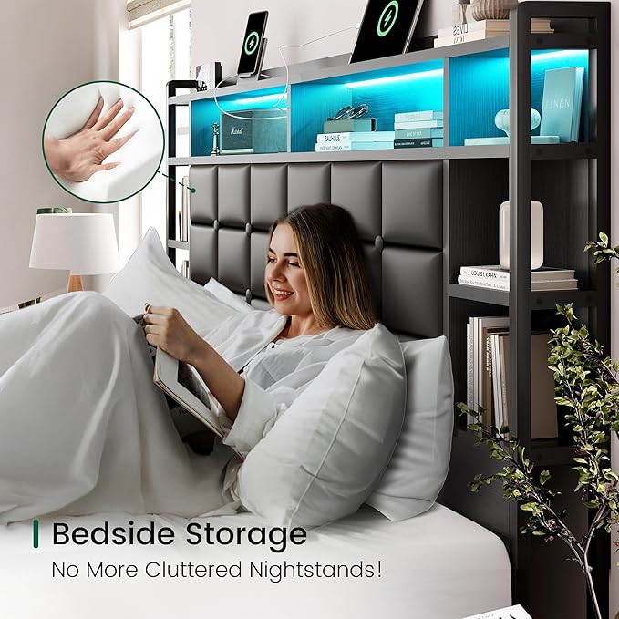 Queen Size Bed Frame with Charging Station and LED Lights Wooden Platform Bed Frame with 4 Storage Drawers and Bookcase Headboard, Faux Leather Upholstered, No Box Spring Needed, Black