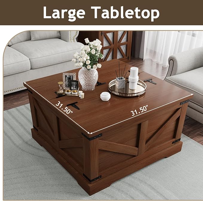 Farmhouse Coffee Table with Hidden Storage Compartment, Square Coffee Table for Living Room, Wood Center Table with Hinged Lifting Tabletop for Home, Rustic Brown