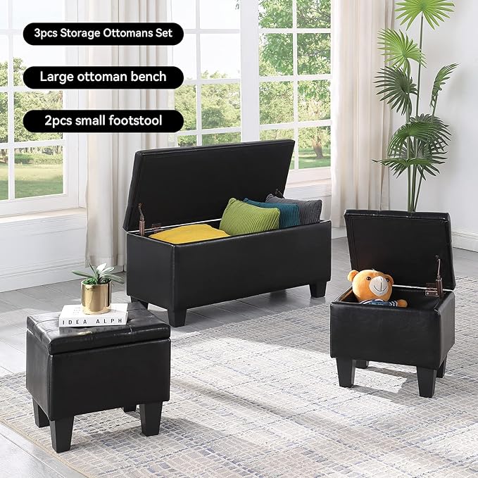 Storage Ottoman Set of 3, 38'' Button-Tufted Coffee Table Bench with 2pcs Nesting Foot Stools, for Living Room Couch, Bedroom, End of Bed (Black - PU Leather)