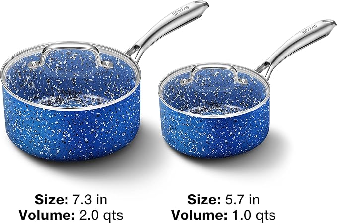 Kitchen Nonstick Saucepan Set - 1 Quart and 2 Quart Sauce Pan Set with Lid - Multipurpose Pots Set Use for Home Kitchen or Restaurant (Blue Granite)