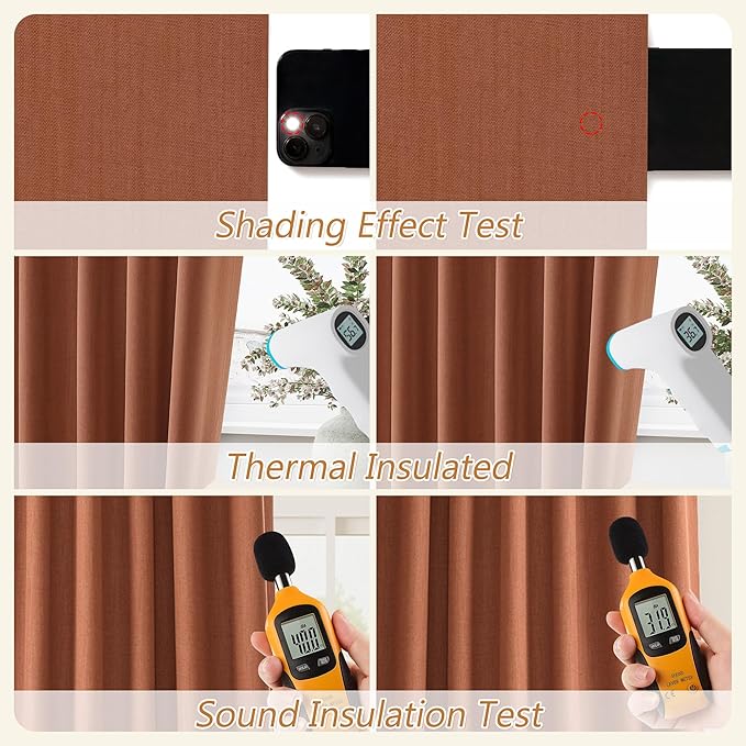 Guken Terracotta Linen Blackout Curtains 120 Inch Length 2 Panels Set for Living Room Bedroom Back Tab Thermal Insulated 100% Black Out Linen Drapes Room Darkening Window Curtains 120 Inches Long