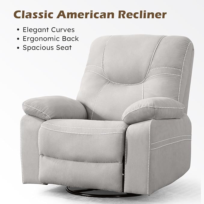 ANJ Oversized Swivel Rocker Recliner Chair for Adults, Manual Rocking Recliner Glider Recliner Nursery Chair Clearance with Decorative Stitching Soft Fabric Thick Cushion for Living Room Bedroom