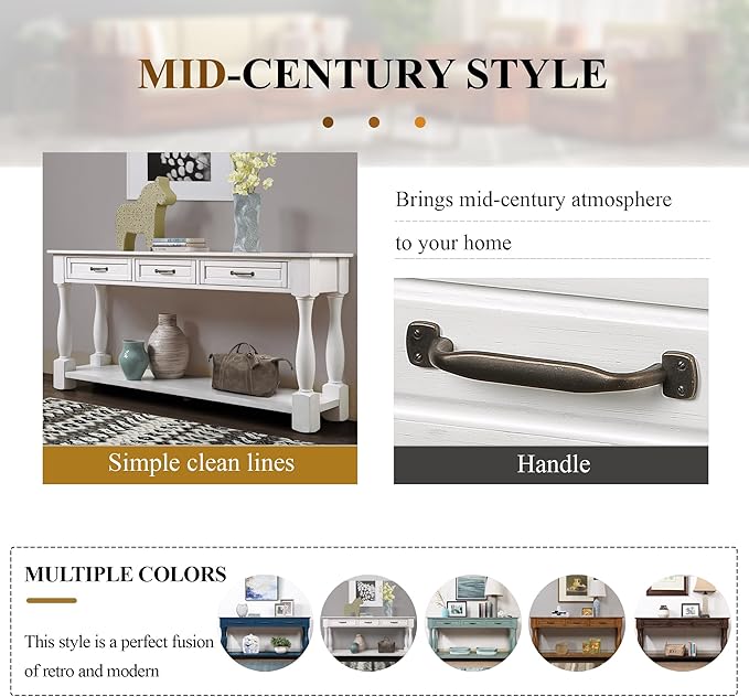 63inch Solid Wood Console Table with 3 Drawers and 1 Bottom Shelf Extra-Thick Sofa Table(Antique White)