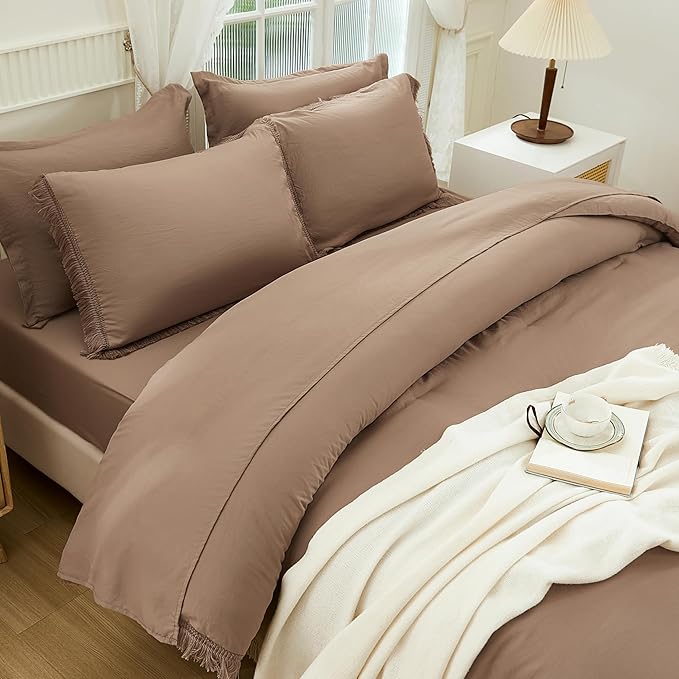 Andency Taupe Queen Size Comforter Set with Sheets - 7 Pieces Boho Tassel Bed in a Bag Soft Lightweight Bedding Sets, Taupe Fringe Bed Set with Comforter, Sheets, Pillowcases & Shams