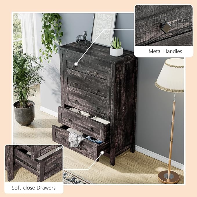 Farmhouse 5 Drawers Dresser, Wood Rustic Chest of Drawers for Bedroom, Tall Dressers Organizer with Metal Handles, 5 Drawers Chest for Living Room, Hallway, Entryway, Dark Rustic Oak