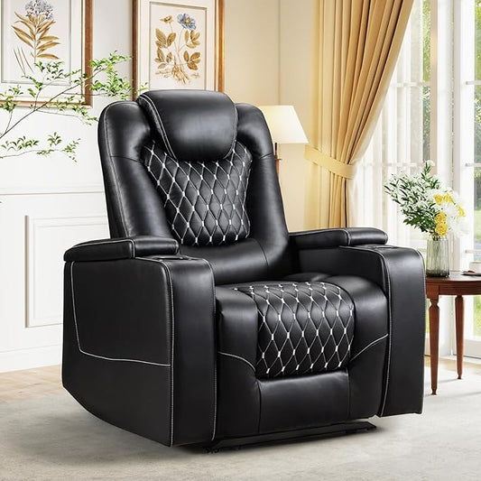 ANJ Power Recliner Chair with USB Ports and Cup Holders - Overstuffed Electric Home Theater Seating PU Leather Reclining Furniture with Hidden Arm Storage, Easy to Clean (Black)