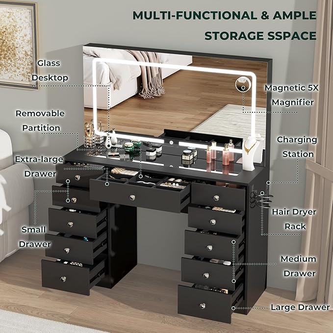 Vanity Mirror with Lights, Black Vanity with Lighted Mirror, 11 Drawers Makeup Vanity Desk with 3 Lighting Modes Adjustable Brightness, Vanity with Glass Top for Bedroom