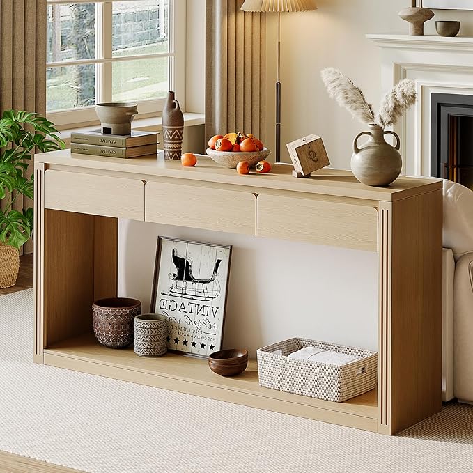 Treocho 63.9" Long Console Tables for Entryway, Farmhouse Entryway Table with Drawers, Narrow Sofa Table Behind Couch Table for Living Room, Entrance, Hallway, Natural