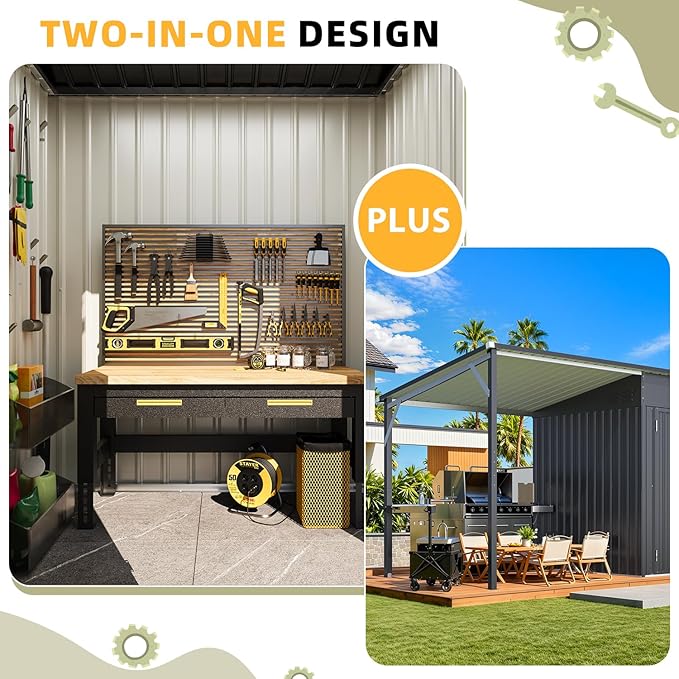 AECOJOY Outdoor Open-Sided Metal Storage Shed, 8' x 6' Sheds & Outdoor Storage with 48 Sq. Ft Covered, 6x8 Small 2-in-1 Tool Shed with Attached Hardtop Metal Pergola Gazebo for Patio