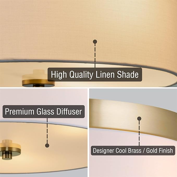 Kira Home Walker 20" Large Mid-Century Modern 3-Light Flush Mount Ceiling Light, White Fabric Shade + Round Glass Diffuser, Cool Brass Finish