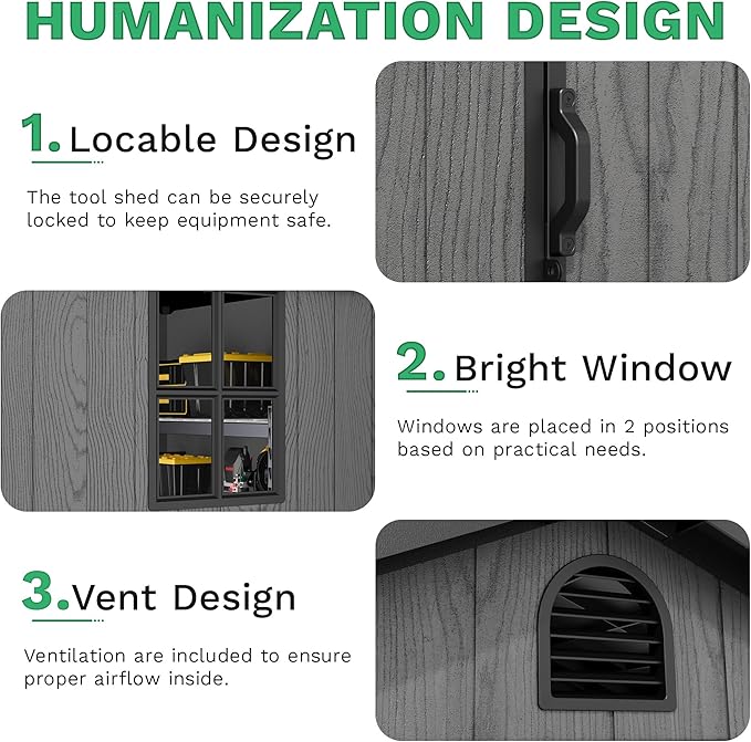 Greesum 4×4FT Plastic Outdoor Storage Shed with Floor, Resin Storaged Sheds with Lockable Door, Window & Vent, All-Weather Tool Sheds for Garden, Backyard, Patio, Dark Gray (One-Piece Panel)