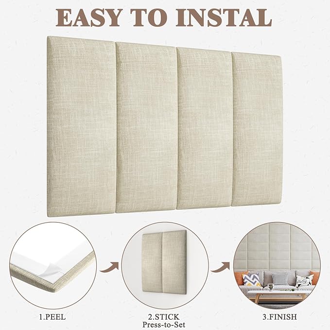 Upholstered Headboard for King Size Bed, Wall Mounted & Peel and Stick Headboard, Soundproof DIY Wall Panels, Fabric Tufted Head board in Modern Design for Bedroom (12 Panels, Each 23.62"x9.84"）