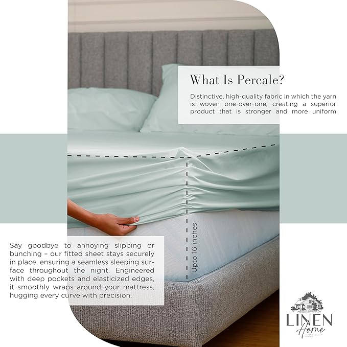Linen Home 100% Cotton Percale Sheets California King Size, Pastel Turk, Deep Pocket, 4 Pieces Set - 1 Flat, 1 Deep Pocket Fitted Sheet and 2 Pillowcases, Crisp Cool and Strong Bed Linen