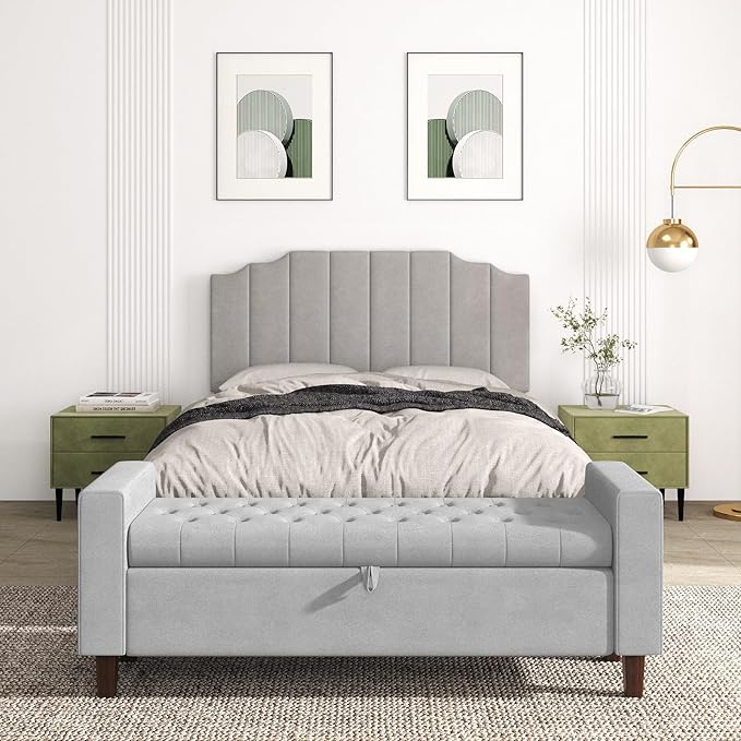 Queen Size Headboard Only, Velvet Wall Mounted Headboard Queen Size for Adjustable Bed, Modern Vertical Channel Design with Curved Tufted Upholstered Head Board and Luxury Soft Padded, Gray