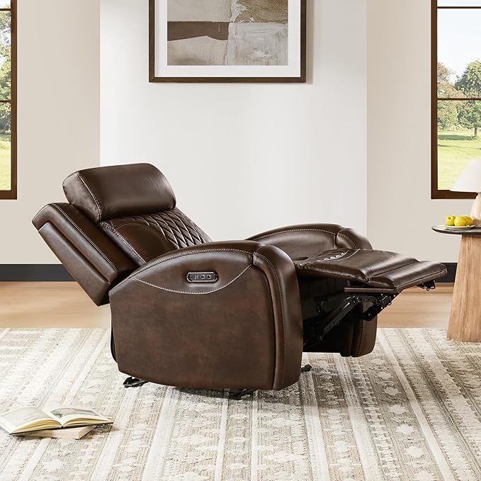 CHITA Genuine Leather Recliner Chair for Adults with Adjustable Power Headrest, Lay Flat Power Recliner with Slide-Out Cupholders & USB/Type-C Ports, Living Room Chair, Brown